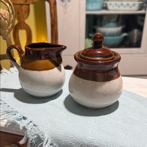Brown and Cream Ceramic Creamer and Sugar Set